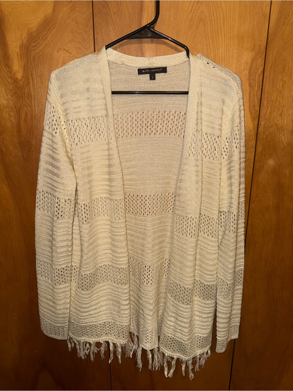 Kathy Ireland Womens Cardigan Small Ivory Cream Open Knit Fringe Hem Boho size S